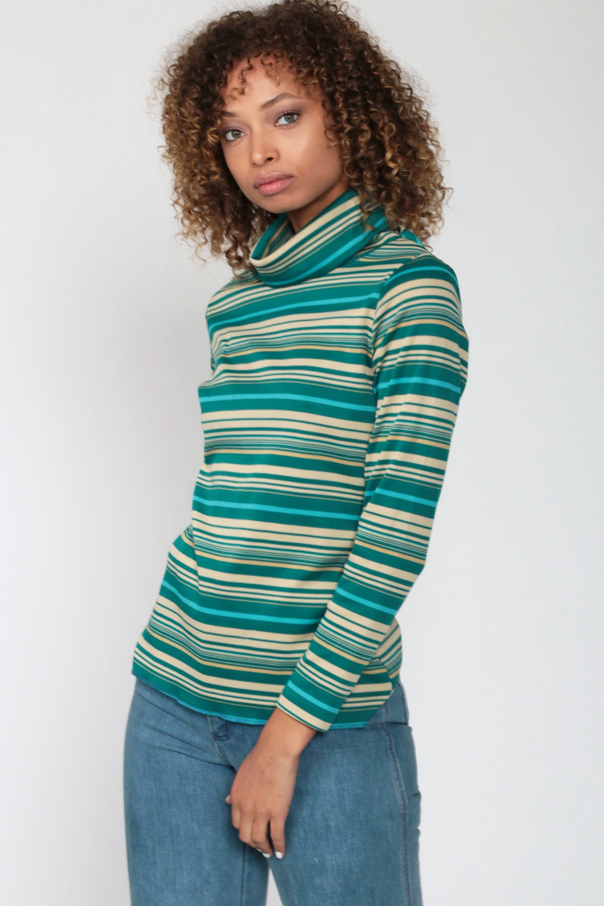 Green Turtleneck Shirt 70s Top Blue Long Sleeve Shirt Striped Shirt 1970s Funnel Neck Shirt