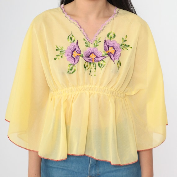 70s Floral Caftan Top Sheer Embroidered Shirt Yellow Kimono Blouse Boho Hippie 1970s Bohemian V Neck Elastic Waist Small Medium