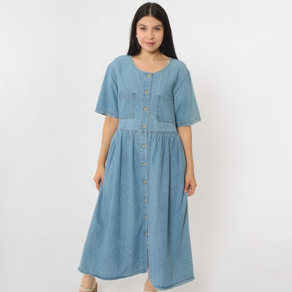 Vintage 90s Denim Dress Gathered Waist Blue Jean Shirtdress Midi Button Up Dress Chest Pocket Short Sleeve 1990s Normcore Retro Medium M
