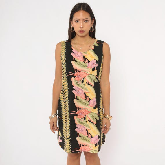 90s Hawaiian Shift Dress Black Tropical Floral Sleeveless Mini Anthurium Leaf Pink Coral Green Gold Island Vacation Summer Kalaheo Small S