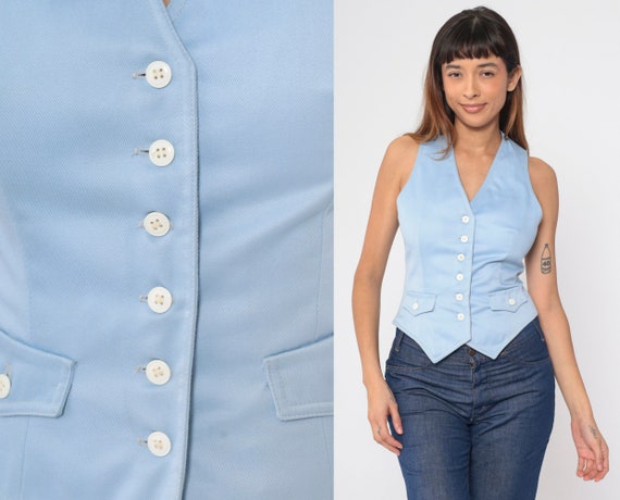 Vintage Baby Blue Vest 70s I Magnin Button up Tank Top Retro Mod Blouse Simple Plain V Neck Shirt Sleeveless Waistcoat Chic 1970s Small Etsy