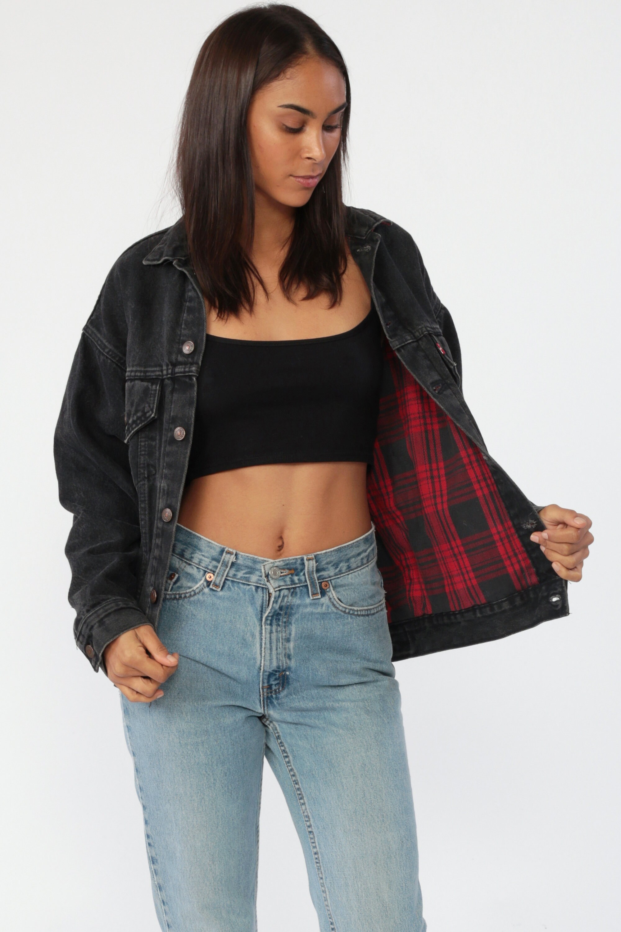 Black Levi Jacket Black Denim Jacket PLAID LINED 80s Levis Jean Trucker  Biker Faded Oversized Grunge Vintage Flannel Extra Small xs