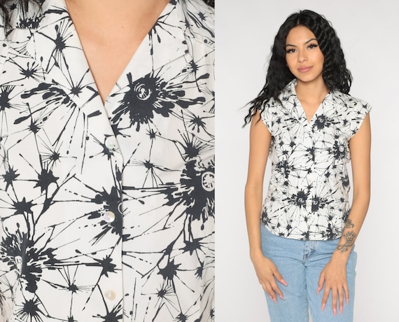 Paint Splotch Shirt Y2k Black White Abstract Button Up Blouse Cap Sleeve Top Spiderweb Print Retro Preppy Summer Vintage 00s Extra Small xs