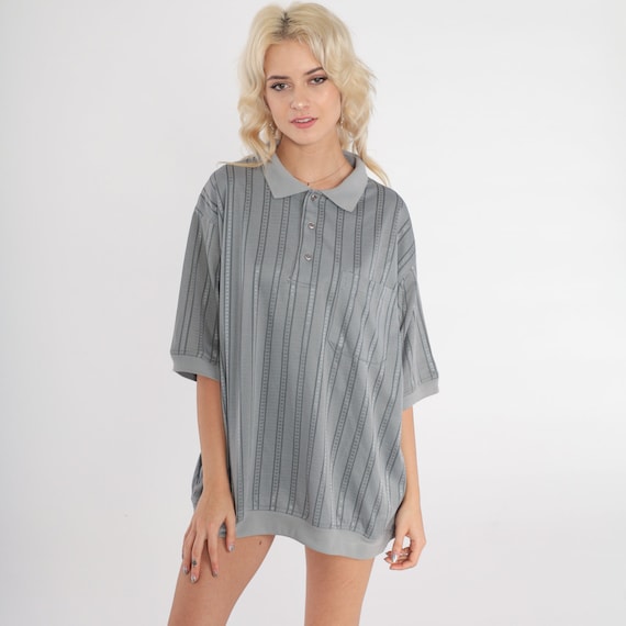 Grey Polo Shirt 80s Striped Shirt Half Button Up Shirt Retro Tshirt Collared 1980s Vintage Short Sleeve Casual Men's Extra Large xl