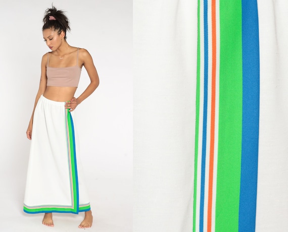 70s Maxi Skirt White Striped Skirt Boho Skirt 1970s Hippie Festival High Waist Long Bohemian Maxi Skirt Vintage Medium Large