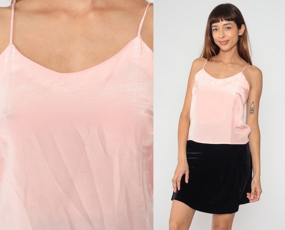 Pink Tank Top 80s Camisole Basic Cami Simple Sleeveless Shirt Minimalist Shiny Blouse Plain Spaghetti Strap Lingerie Vintage 1980s Medium M