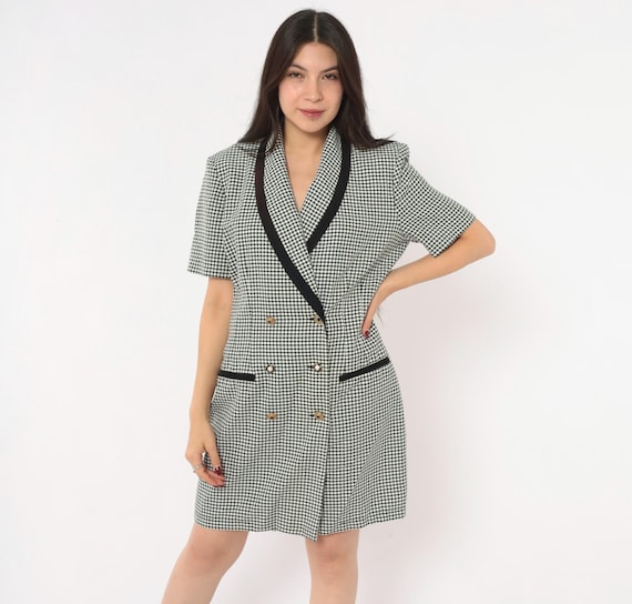 Gingham Blazer Dress 80s Danny Nicole Double Collar Short Sleeve Black White Check Button Front Houndstooth Power Dressing Vintage Large L