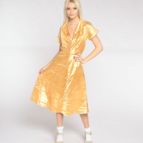 40s Dress Gold Silk Satin Midi Dress shops Collared Retro Party Formal Cocktail Dress Tea Length Glam Short Sleeve V Neck Vintage 1940s Small S