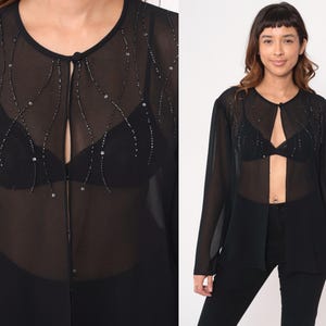 Beaded Party Blouse Adrianna Papell 90s Black Sheer Keyhole Neckline Embellished Cocktail Evening Dressy Party Top Vintage Sparkle Large L image 2
