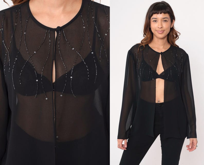 Beaded Party Blouse Adrianna Papell 90s Black Sheer Keyhole Neckline Embellished Cocktail Evening Dressy Party Top Vintage Sparkle Large L image 2