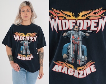 Wide Open Magazine T Shirt Y2K Biker Tshirt 00s Motorcycle Graphic Tee Black Flames Print Vintage 00s Large L