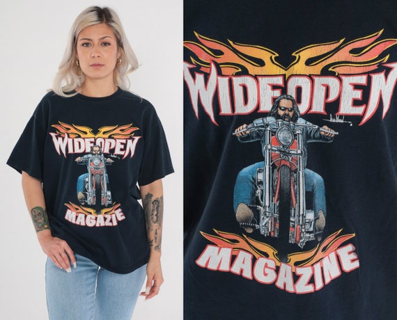 Wide Open Magazine T Shirt Y2K Biker Tshirt 00s Motorcycle Graphic Tee Black Flames Print Vintage 00s Large L