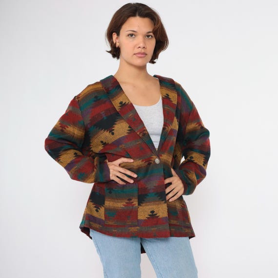 Vintage Southwest Jacket Red Yellow Blue Button Up Jacket Southwestern Striped Blazer Jacket 90s Aztec Boho Hippie 1990s Plus Size 20W