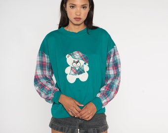Teddy Bear Sweatshirt 90s Teal Plaid Sleeve Shirt Retro Pullover Crewneck Green Kawaii Grandma 1990s Vintage Large L