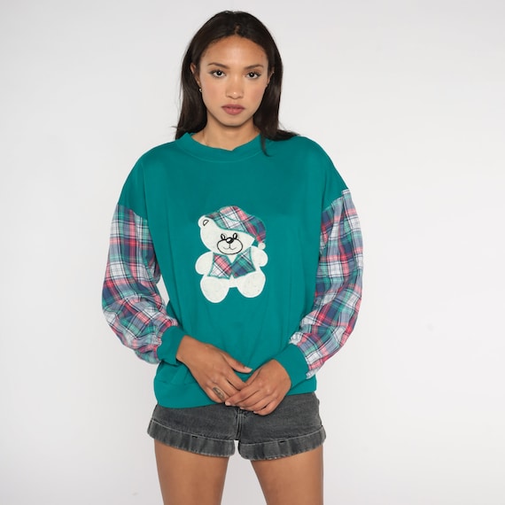Teddy Bear Sweatshirt 90s Teal Plaid Sleeve Shirt Retro Pullover Crewneck Green Kawaii Grandma 1990s Vintage Large L