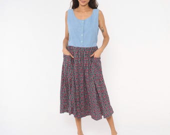 90s Raspberry Print Midi Dress Chambray Bodice Button Front Sleeveless Cotton Floral Pockets Prairie Cottagecore Summer Berry Pink Large L