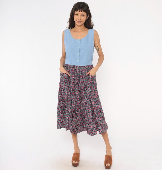 90s Raspberry Print Midi Dress Chambray Bodice Button Front Sleeveless Cotton Floral Pockets Prairie Cottagecore Summer Berry Pink Large L