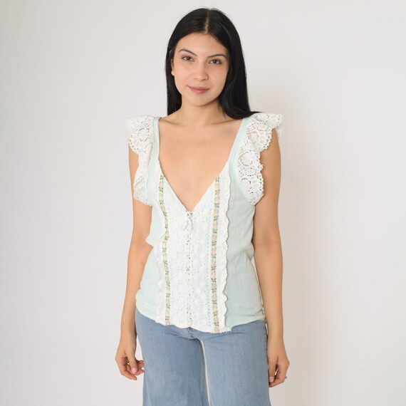 70s Crochet Lace Tank Top Pastel Mint Green Ruffled Shirt Lace Up Corset Prairie Hippie Boho Sleeveless 1970s Vintage Blouse Medium