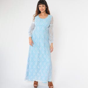 Vintage 60s Blue Lace Dress XS Maxi Party Empire Waist Ribbon Trim Prom 1960s Cocktail Long Sheer Sleeve Formal Evening Extra Small