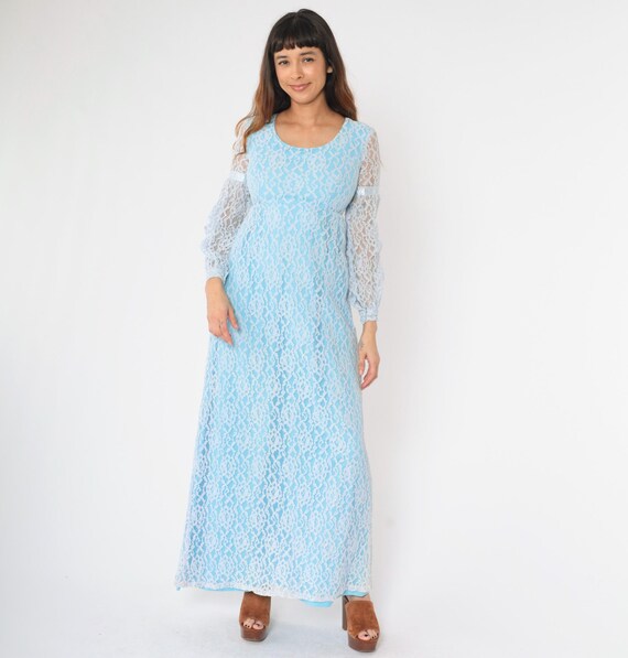 Vintage 60s Blue Lace Dress XS Maxi Party Empire Waist Ribbon Trim Prom 1960s Cocktail Long Sheer Sleeve Formal Evening Extra Small