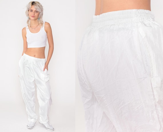 Vintage 90s White Windbreaker Pants Track Pants Warmup Wind Pants