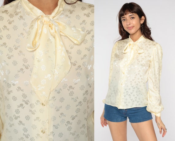 Embossed Ascot Blouse 80s Cream Neck Tie Top Flor… - image 1