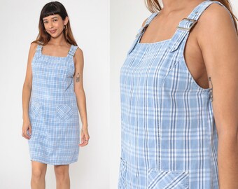 Checkered Jumper Dress 90s Mini Blue Plaid Print Overall Dress Pinafore Sleeveless Buckle Strap Sheath MiniDress 1990s Vintage Grunge Medium