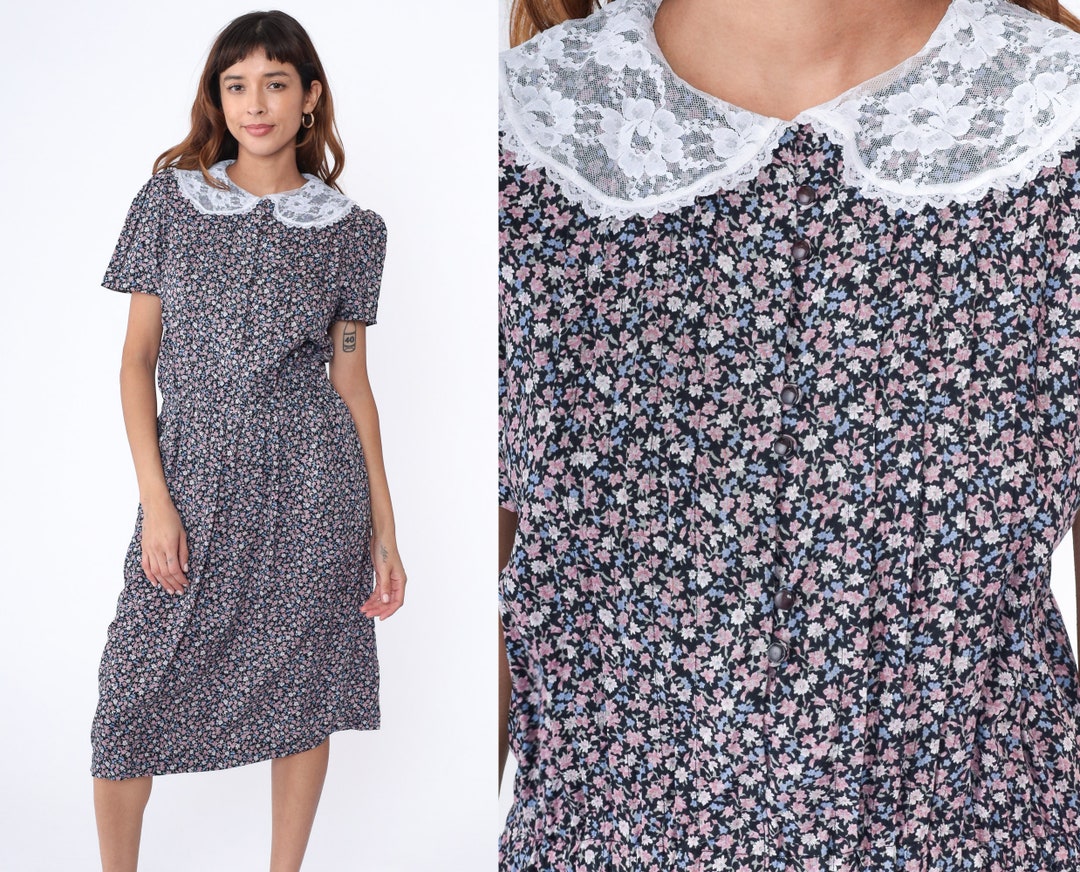 Floral Granny Dress 90s Lace Collar Midi Dress Retro Pink Blue Calico