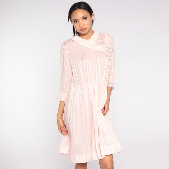 Baby Pink Striped Dress 70s 80s Mini Dress Sheer … - image 4