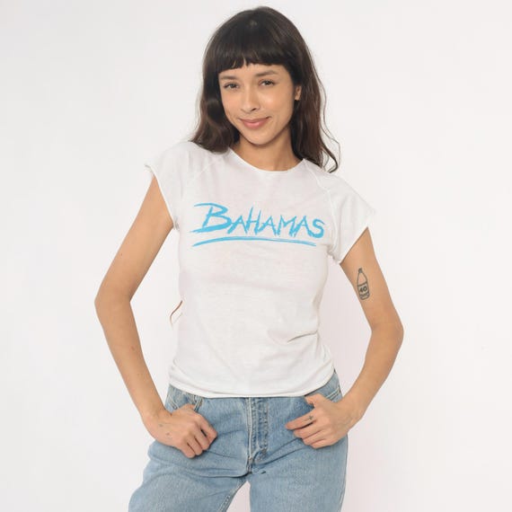 80s Bahamas Tee White T-Shirt Raglan Sleeve Tourist Travel Vacation Cotton Crew Neck Fitted Thin Vintage Summer Souvenir  Extra Small XS