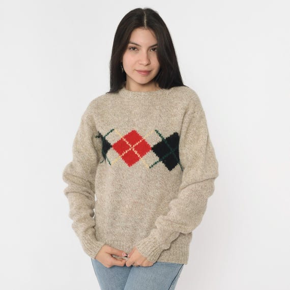 Vintage Argyle Wool Blend Sweater Beige Sweater 80s Pullover Slouchy Checkered Knit 1980s Cozy Jumper Small Medium