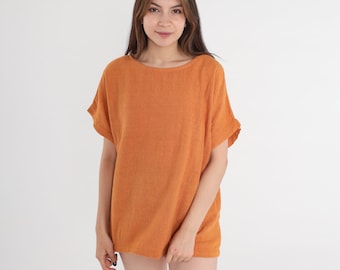 Burnt Orange Blouse 80s Woven Shirt Cotton Top Short Sleeve Simple Basic Plain Retro Summer Bohemian Hippie Boho Vintage 1980s Large L