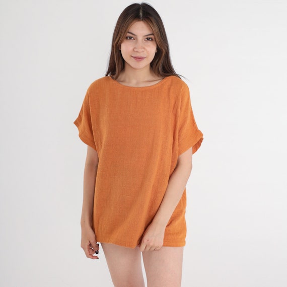 Burnt Orange Blouse 80s Woven Shirt Cotton Top Short Sleeve Simple Basic Plain Retro Summer Bohemian Hippie Boho Vintage 1980s Large L