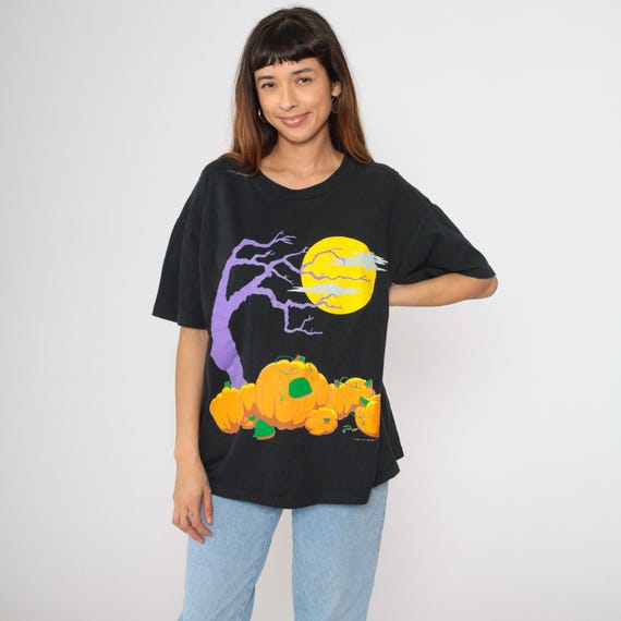 Vintage Halloween Shirt 90s Black Pumpkin Patch T-Shirt Spooky Graphic Tee Moon Short Sleeve TShirt 1990s Extra Large xl