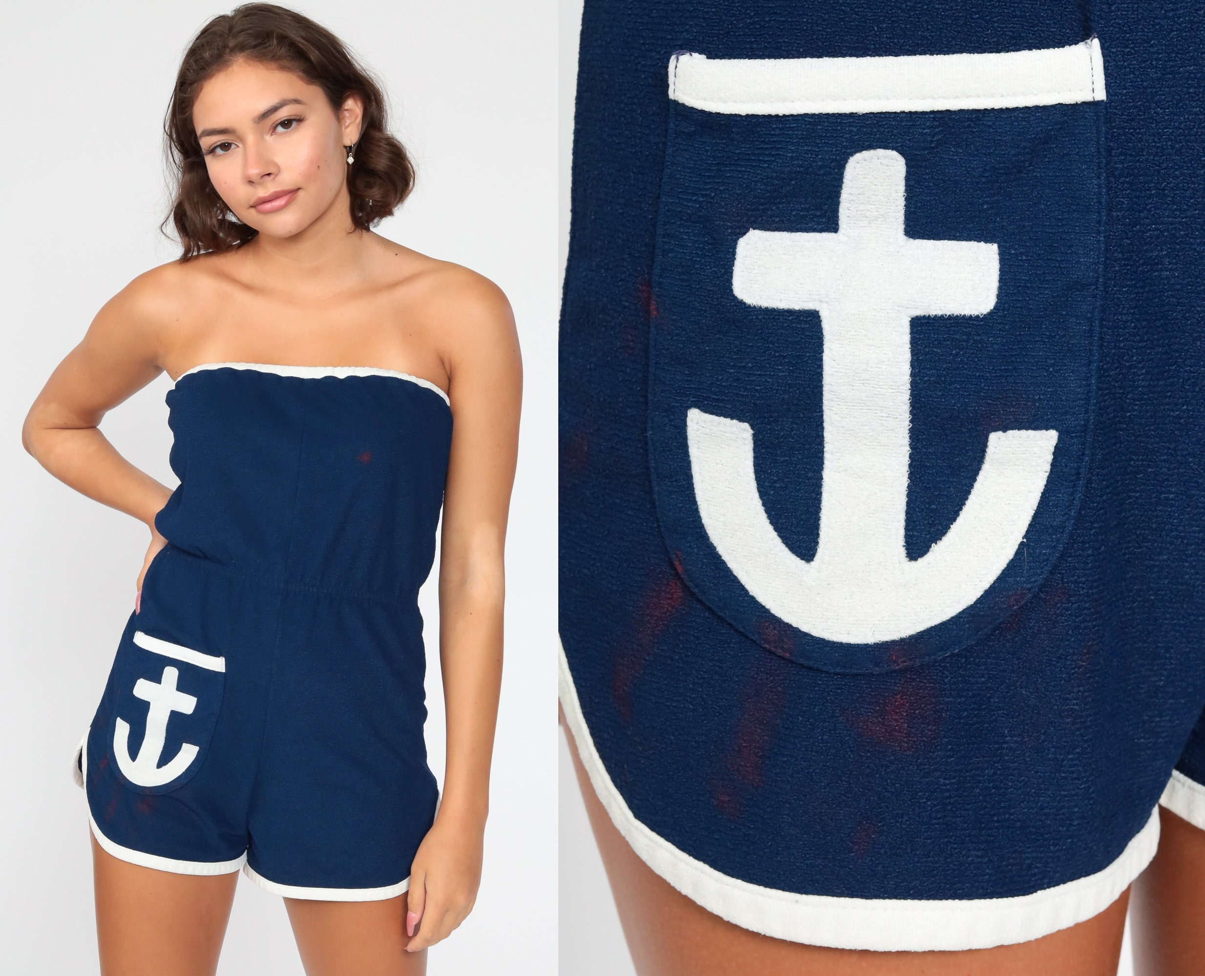 Nautical Romper 80s Romper Shorts Strapless Blue Summer Playsuit ANCHOR nautical-romper-80s-romper-shorts-strapless-blue-summer-playsuit-anchor
