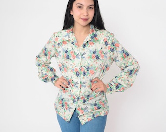 70s Floral Blouse Boho Disco Shirt Button Up Top Collared Bohemian Long Sleeve Retro Off-White Blue Red Green Flower Vintage 1970s Medium