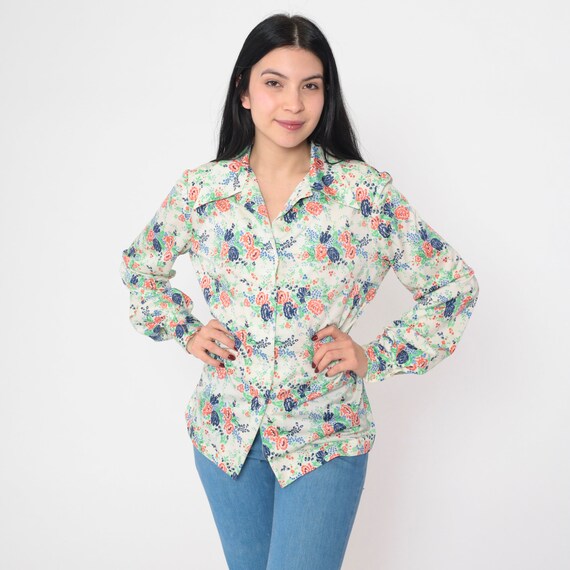 70s Floral Blouse Boho Disco Shirt Button Up Top Collared Bohemian Long Sleeve Retro Off-White Blue Red Green Flower Vintage 1970s Medium
