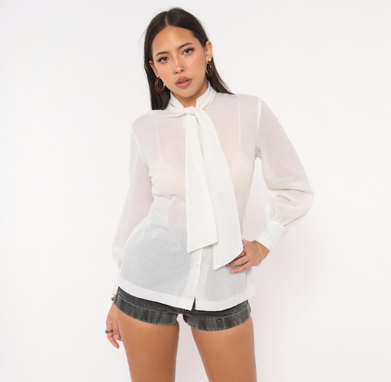 70s Ascot Bow Blouse White Sheer Textured Button Front Tie Neck Shirt Bishop Sleeve Top Cream Coquette Summer  Vintage Womens Medium M