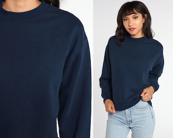 Navy Crewneck Sweatshirt 90s Plain Blue Long Sleeve Shirt Crewneck Sweatshirt Slouchy Vintage Sweat Shirt Jerzees Medium