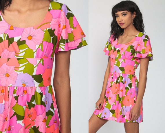 70s Babydoll Dress Tropical Floral Dress Hawaiian