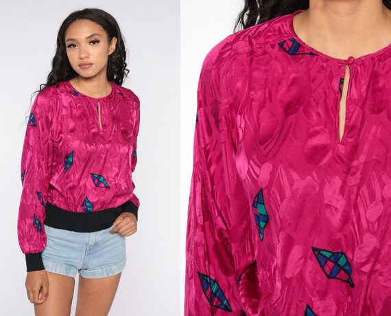 Silk Blouse 80s Hot Pink Slouchy Top Geometric Sh… - image 1