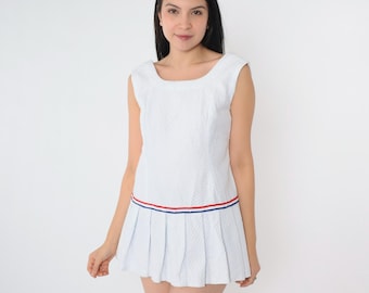 Vintage 60s Scooter Dress 60s Mod Mini White Drop Waist Pleated 1960s Sixties Dress Twiggy Go Go Sleeveless MiniDress Small