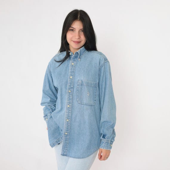 90s Nautical Denim Shirt Vintage Blue Jean Button Up Blue Grunge Long Sleeve Shirt Chambray Streetwear Chest Pocket 1990s Men's Medium