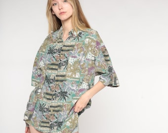 Tropical Surfer Shirt Palm Tree Hawaiian Shirt Olive Button Up 90s Vintage Abstract Leaf Surf Vacation 1990s Short Sleeve Extra Large xl