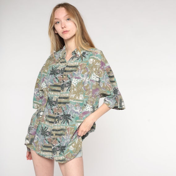 Tropical Surfer Shirt Palm Tree Hawaiian Shirt Olive Button Up 90s Vintage Abstract Leaf Surf Vacation 1990s Short Sleeve Extra Large xl