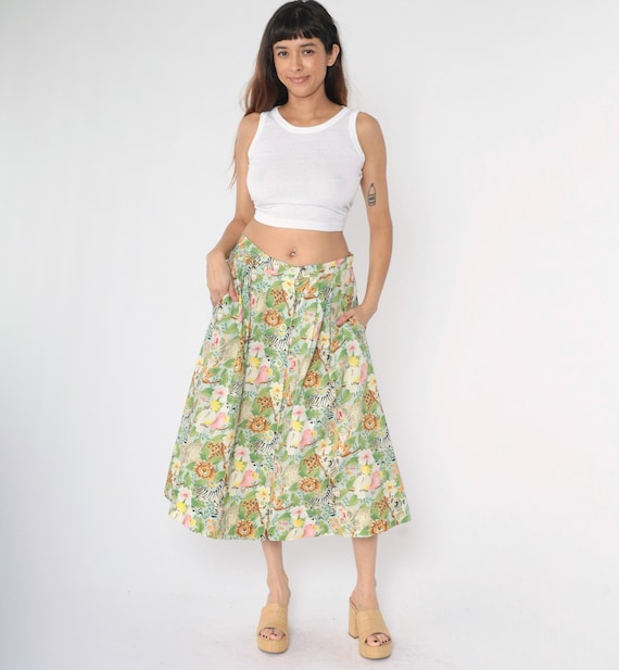Vintage 90s Safari Skirt Button Up Animal Print Midi Zebra Lion Parrot Green Spring Floral 1990s Women's Medium