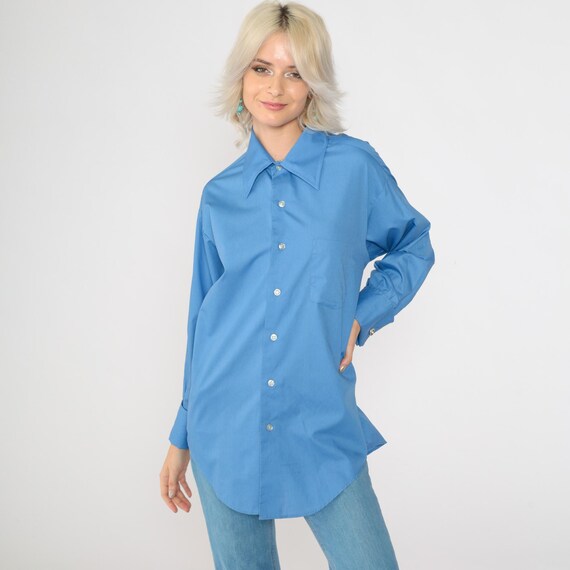 70s Button Up Shirt Blue Disco Shirt 1970s Dagger Collar Pocket Shirt Vintage Long Sleeve Retro Plain Large