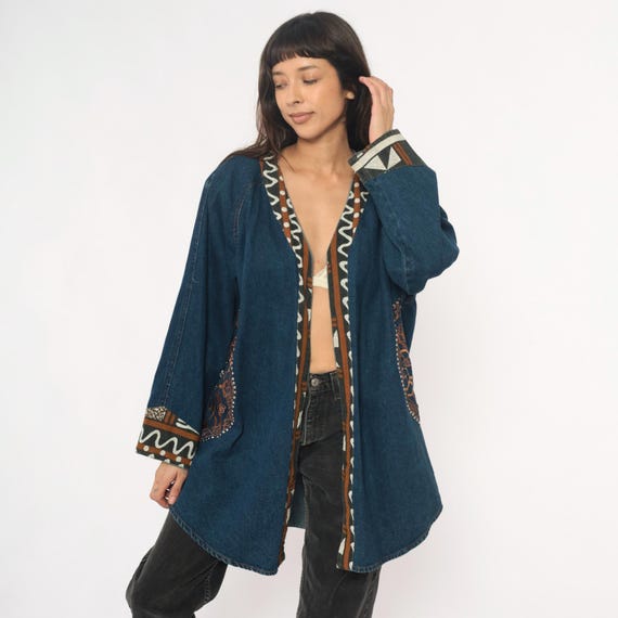 Southwestern Embroidered Denim Jacket 90s Tribal Studded Blue Duster Coat Open Front Bohemian Western Festival Vintage Hippie Medium M