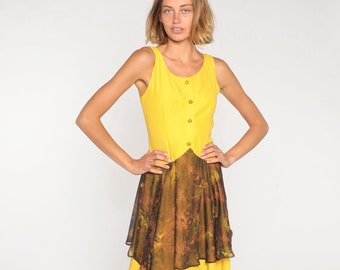 Yellow Mini Dress 90s Paisley Floral Day Dress Button up Flowy Layered Skirt Retro Bright Sleeveless Summer Vintage 1990s Extra Small xs