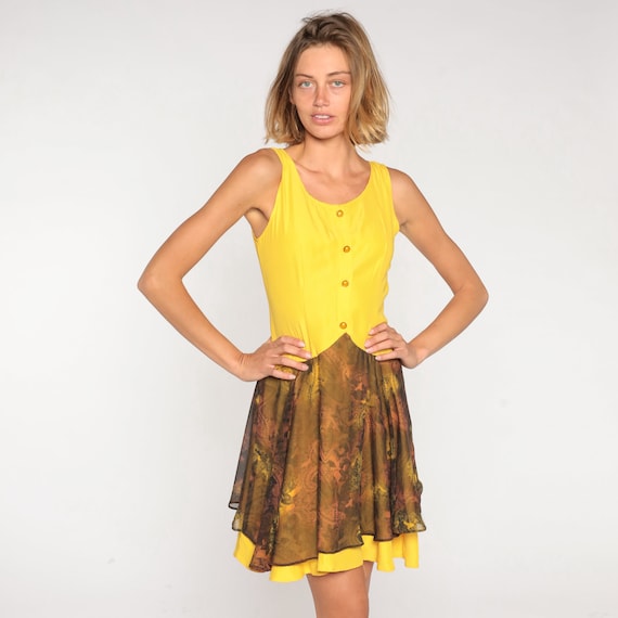 Yellow Mini Dress 90s Paisley Floral Day Dress Button up Flowy Layered Skirt Retro Bright Sleeveless Summer Vintage 1990s Extra Small xs